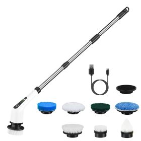 1Pc Electric Spin Scrubber Cordless Rechargeable Telescopic Cleaning Brush 8 Replaceable Heads 2 Speed Adjustable Extension Arm Bathroom Tub Tile (Option: White)